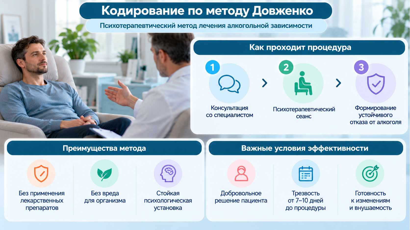 Инфографика о кодировании по методу Довженко: консультация психотерапевта, проведение сеанса, формирование мотивации к отказу от алкоголя и условия применения метода.